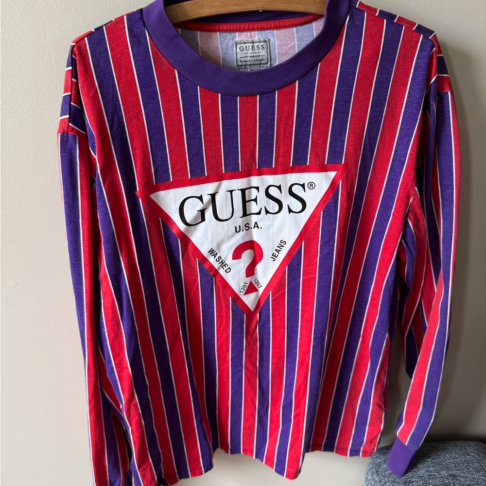 GUESS Mena Red and Purple Striped Long Sleeve